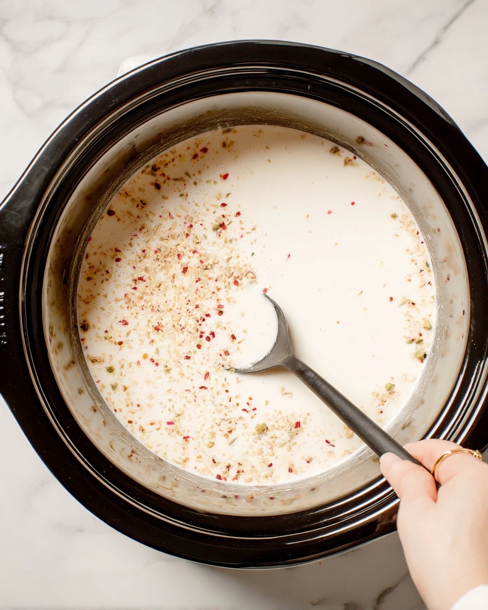 A close-up photo shows a slow cooker with a black rim and inner pot filled with a thick white liquid mixed with small red and green spices floating on the surface. A woman's hand holds a black spoon stirring the mixture inside the pot. The background is a white marbled texture. Photo taken with an iphone --ar 4:5 --v 7