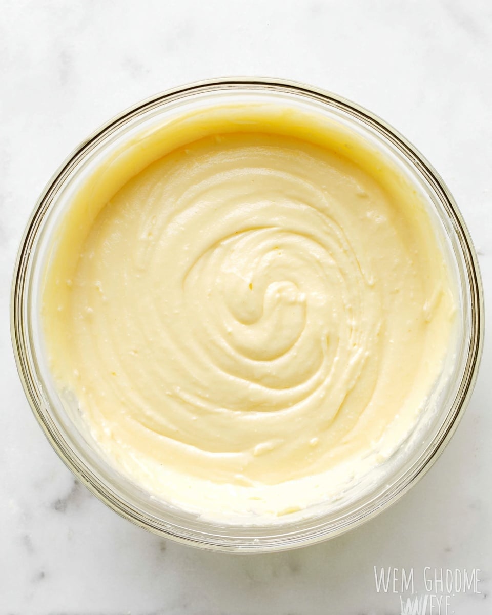 A clear glass bowl filled with a smooth, creamy yellow mixture with a slight glossy texture, evenly swirled in the center. The bowl rests on a white marbled surface. The creamy layer fills the bowl almost to the edge and shows no extra toppings or items. The lighting highlights the soft texture of the cream, making it look thick and rich. photo taken with an iphone --ar 4:5 --v 7
