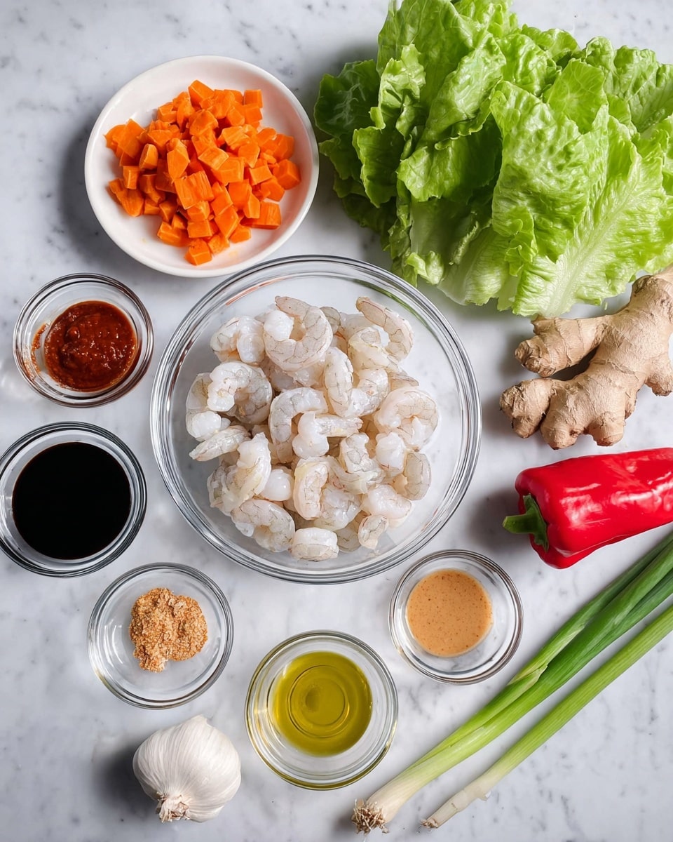 This image shows raw shrimp in a clear glass bowl in the center. Around it are many small glass bowls with different sauces and spices: dark soy sauce, red chili sauce, light brown peanut sauce, and a small amount of golden oil. There are two cloves of garlic near the bottom left and a small bowl of chopped orange carrots on a white plate at the top left. Fresh green lettuce leaves are placed behind the shrimp bowl. To the right, there are green onion stalks lying down next to a red bell pepper and a piece of ginger root. All items are placed on a white marbled surface. photo taken with an iphone --ar 4:5 --v 7