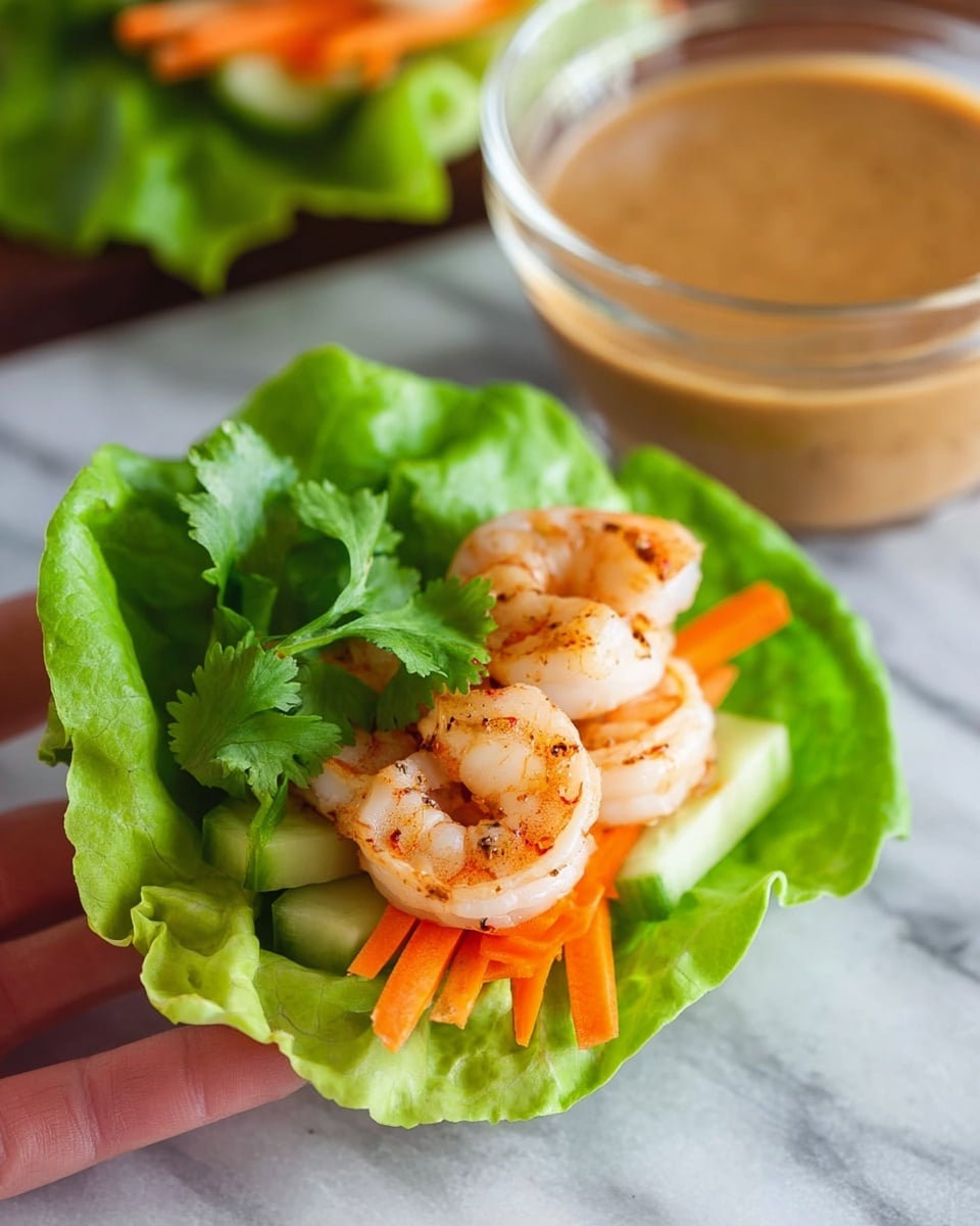 The image shows a fresh shrimp lettuce wrap on a white marbled surface. The bottom layer is a bright green lettuce leaf, holding a middle layer of thin sliced light orange carrot sticks and pale creamy cucumber slices. On top, there are three cooked pink and white shrimp pieces with a light brown sear. A green sprig of fresh cilantro lays on top of the shrimp. In the background, there is a clear glass bowl filled with a smooth light brown dipping sauce sitting on the white marbled surface. A woman's hand is gently holding the lettuce wrap. photo taken with an iphone --ar 4:5 --v 7