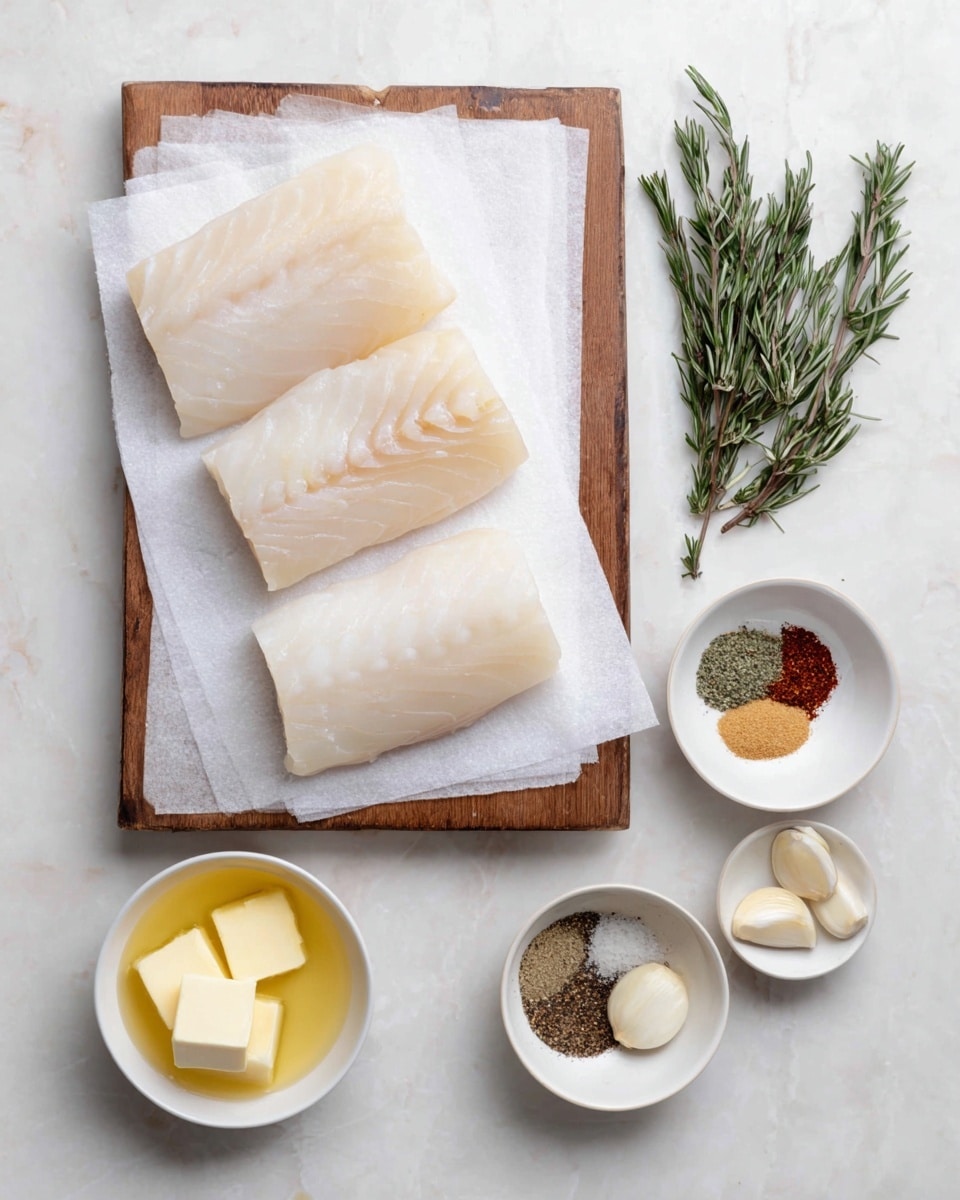 Three pieces of raw white fish fillets with a smooth texture are placed on a wooden board lined with white paper towels, positioned slightly overlapping each other. To the right of the board, there is a small white bowl with green rosemary sprigs and three peeled garlic cloves. Below that, a white bowl contains a mix of dry spices including black pepper, paprika, and garlic powder. Further down, another white bowl holds a light yellow liquid, and at the bottom left, a white bowl contains three small square pieces of butter. All items rest on a white marbled textured surface. Photo taken with an iphone --ar 4:5 --v 7