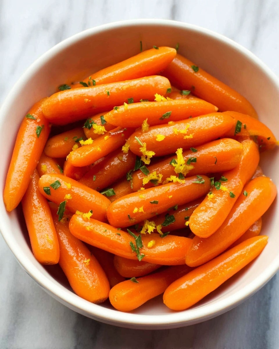 A white bowl filled with bright orange baby carrots that look soft and shiny, topped with small pieces of green herbs and tiny bits of yellow zest scattered over them. The bowl is sitting on a white marbled surface. photo taken with an iphone --ar 4:5 --v 7