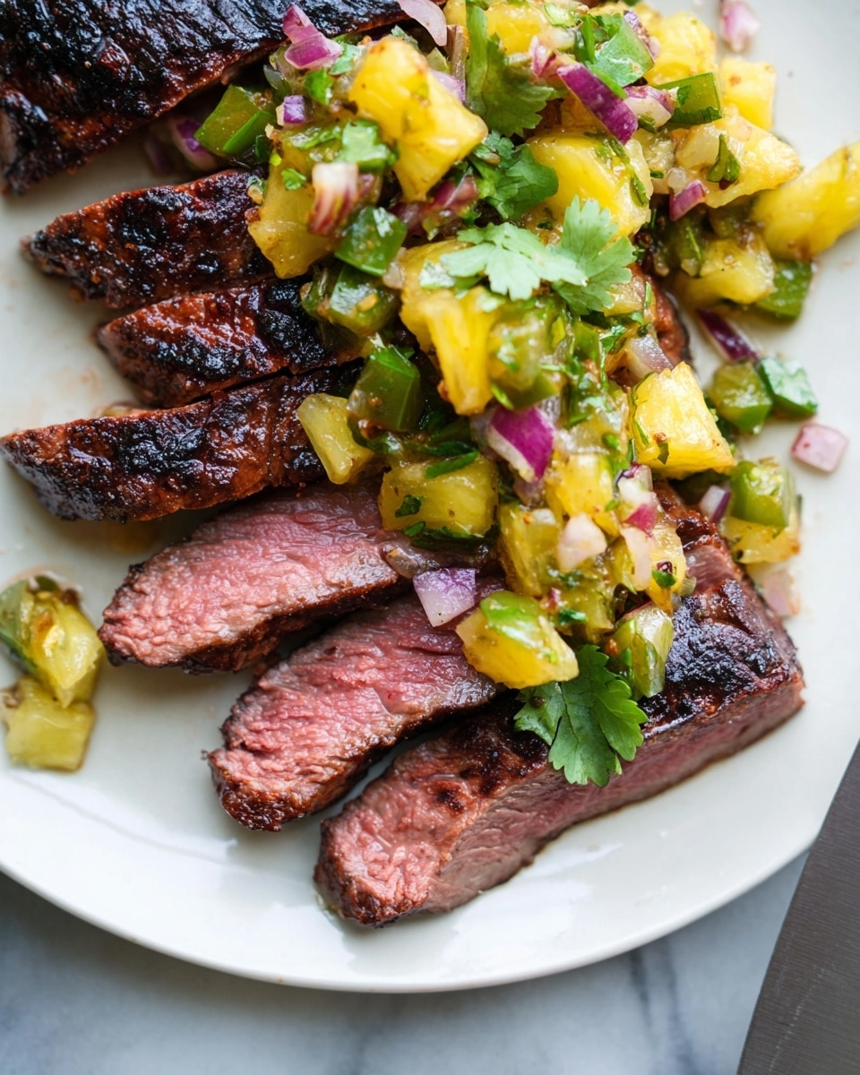 The image shows a close-up of a cooked steak sliced into three thick pieces. The steak has a dark brown, slightly charred outer layer with a juicy, pink inside. On top and around the steak, there is a chunky salsa made of small, uneven pieces of yellow pineapple, green peppers, chopped red onion, and fresh cilantro leaves. The dish is presented on a white plate, set on a white marbled surface. A knife edge is visible at the bottom right corner. Photo taken with an iphone --ar 4:5 --v 7