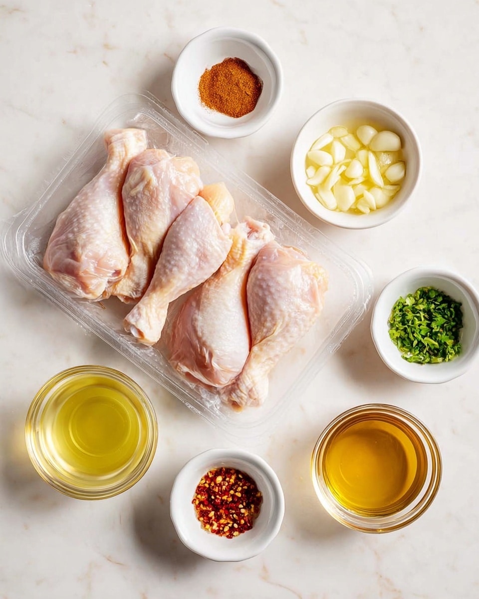The image shows a top view of six raw chicken drumsticks placed in clear plastic packaging in the center on a white marbled surface. Surrounding the chicken are six small white bowls arranged in a rough circle: top left bowl contains a reddish-brown powder, top middle has a light yellow liquid, top right holds chopped garlic with a pale yellow color, the far right bowl contains a light clear liquid, bottom right has red chili flakes, bottom left shows a golden liquid, and the middle left bowl holds chopped green herbs. The setting is bright and clean with even natural light. Photo taken with an iphone --ar 4:5 --v 7