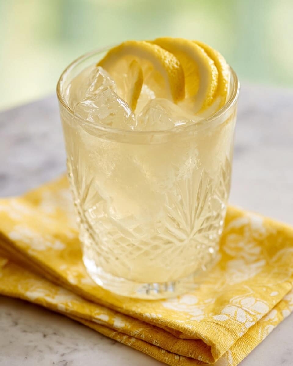A clear glass with a textured pattern is filled with a pale yellow drink and ice cubes, topped with three lemon wedges resting inside the glass. The glass sits on a yellow cloth napkin that has a subtle white pattern, all placed on a white marbled surface. The background is softly blurred with light green tones. photo taken with an iphone --ar 4:5 --v 7
