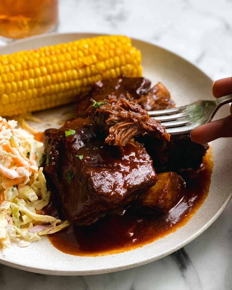 A close-up image shows a white plate filled with a rich, dark brown beef stew. The stew has large, tender chunks of beef soaked in thick sauce, with a shiny texture. A white woman's hand is holding a fork piercing a piece of beef, revealing soft, stringy layers of meat inside. On the top left of the plate, there is a bright yellow corn on the cob, and on the bottom left, a small portion of creamy coleslaw with visible shreds of cabbage and carrot. The plate rests on a white marbled surface. photo taken with an iphone --ar 4:5 --v 7