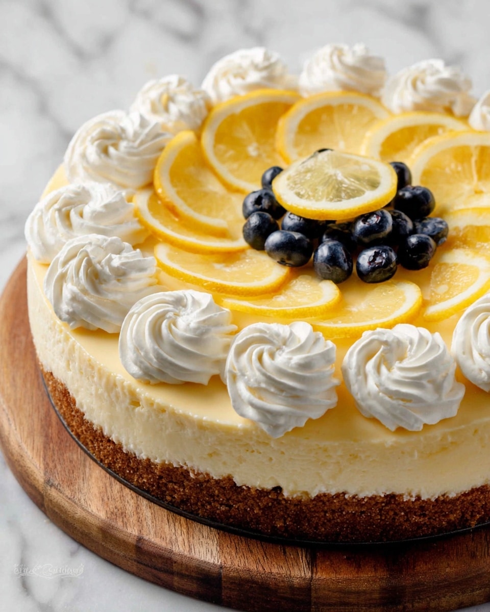 A thick slice of cheesecake with three layers sits on a white plate with a white marbled background; the bottom layer is a brown, crumbly crust, the middle layer is a dense, creamy off-white cheesecake, and the top layer is a bright yellow lemon jelly. On top are white whipped cream dollops, a few small dark blue blueberries, and thin slices of yellow lemon peel placed near the whipped cream. The cake’s surface looks soft and smooth, and the colors are vibrant and fresh. Photo taken with an iphone --ar 4:5 --v 7