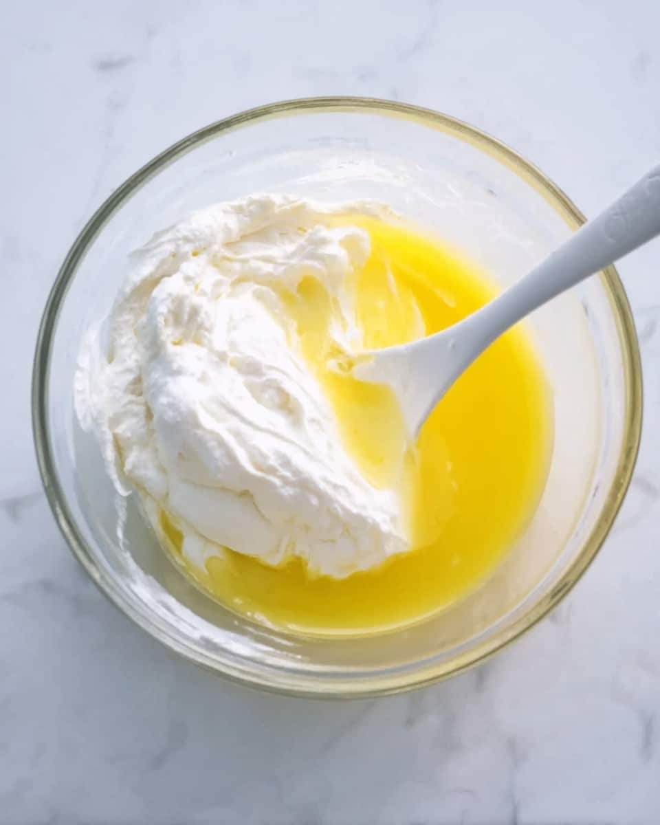 A clear glass bowl sits on a white marbled surface, filled halfway with a thick white creamy mixture on the left side and a smooth bright yellow liquid on the right side. A white spoon rests inside the bowl, mixing the two substances gently, showing a clear separation between the white and yellow textures. The scene is bright and clean, with soft natural lighting. Photo taken with an iphone --ar 4:5 --v 7