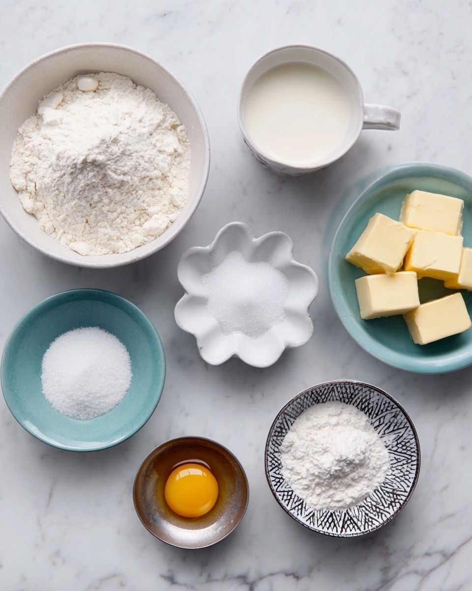 Seven bowls with baking ingredients are arranged on a white marbled surface. In the top left, a white bowl holds white flour with a soft, powdery texture. Next, at the top center, a white cup filled with creamy white milk. At the top right, a small white flower-shaped bowl contains white granulated sugar. Below, moving left to right, a small white bowl holds several blocks of light yellow butter. A small turquoise round plate shows a mound of fine white salt. Next to it, a small round black-and-white patterned bowl contains white baking powder with a powdery texture. Finally, at the bottom left, a small metallic cup contains a single raw egg yolk with a shiny yellow surface. Photo taken with an iphone --ar 4:5 --v 7