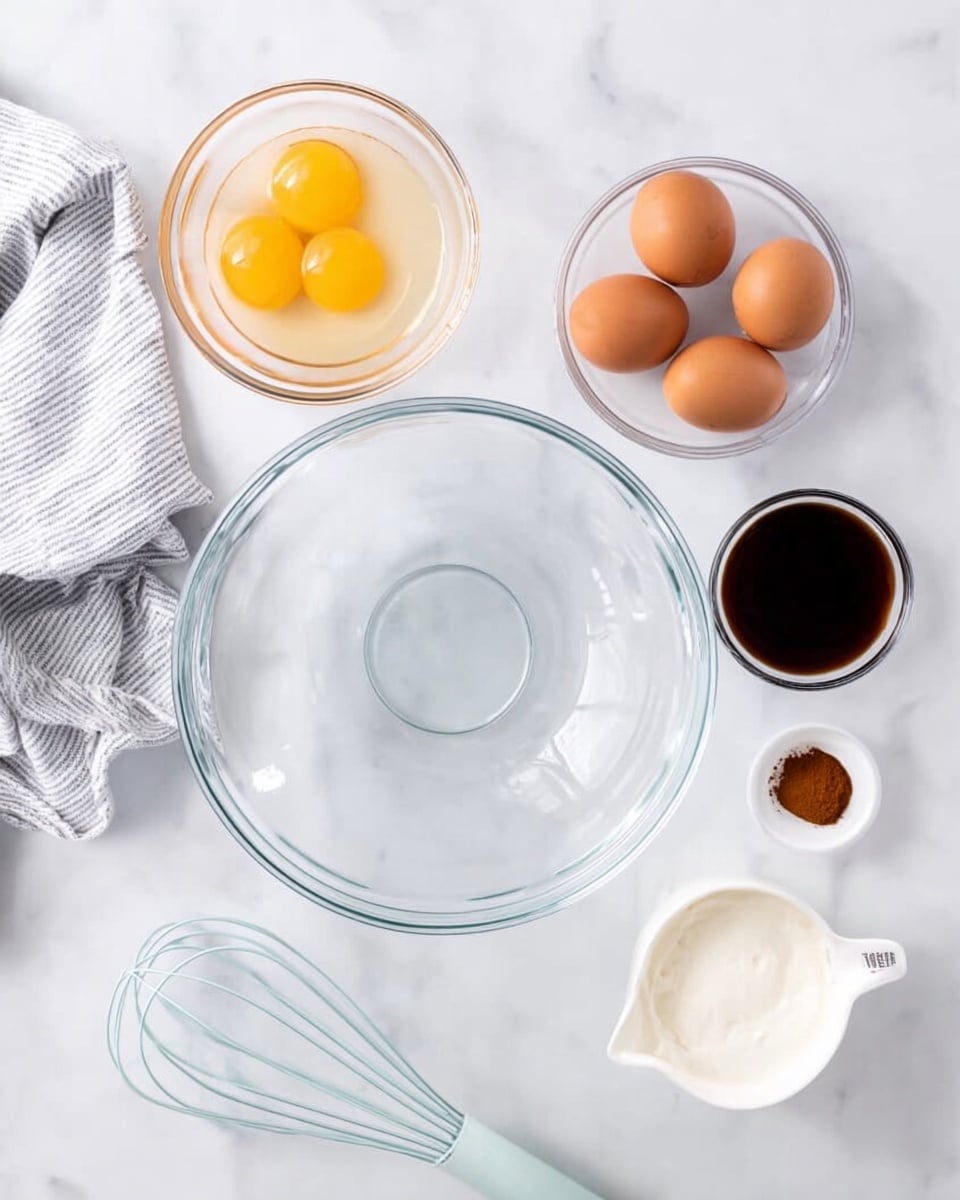 A white marbled surface holds a clear empty glass bowl at the center, with a smaller clear bowl of six cracked eggs to the upper right. Below the eggs, there is a small glass bowl filled with dark vanilla extract, and next to it, a tiny clear bowl of ground cinnamon. To the lower right of the big bowl is a white measuring cup with cream inside. On the left side, there is a light blue whisk and a soft gray and white striped cloth loosely folded. Photo taken with an iphone --ar 4:5 --v 7