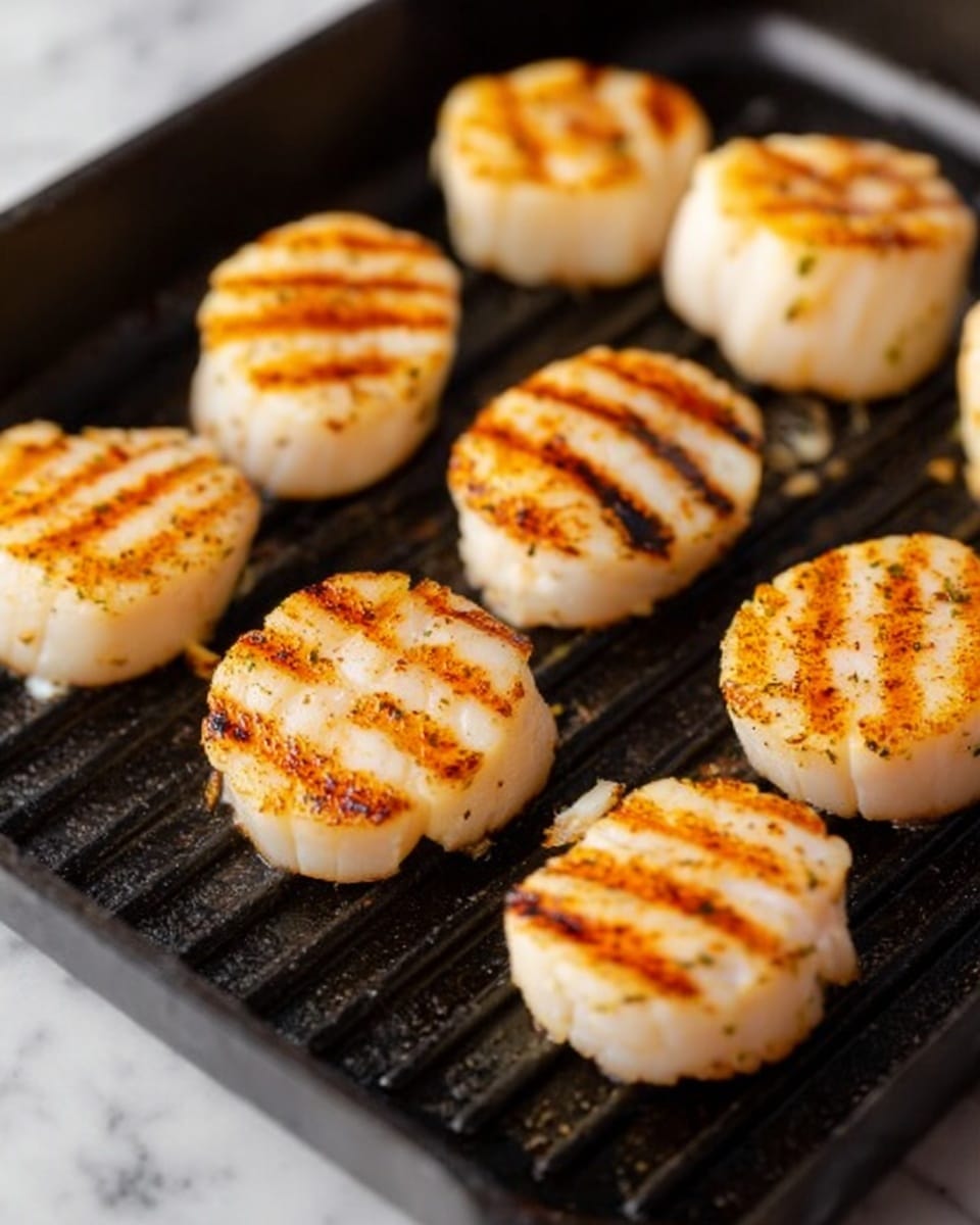 The image shows a close-up of ten grilled scallops arranged on a black grill pan. Each scallop is round with a light off-white color, topped with golden-brown char marks in parallel lines, giving a striped texture on their tops. The scallops are evenly spaced in two rows, with some positioned toward the edge of the pan. The black grill pan contrasts with the light color of the scallops, and the background surface is a white marbled texture. Photo taken with an iphone --ar 4:5 --v 7