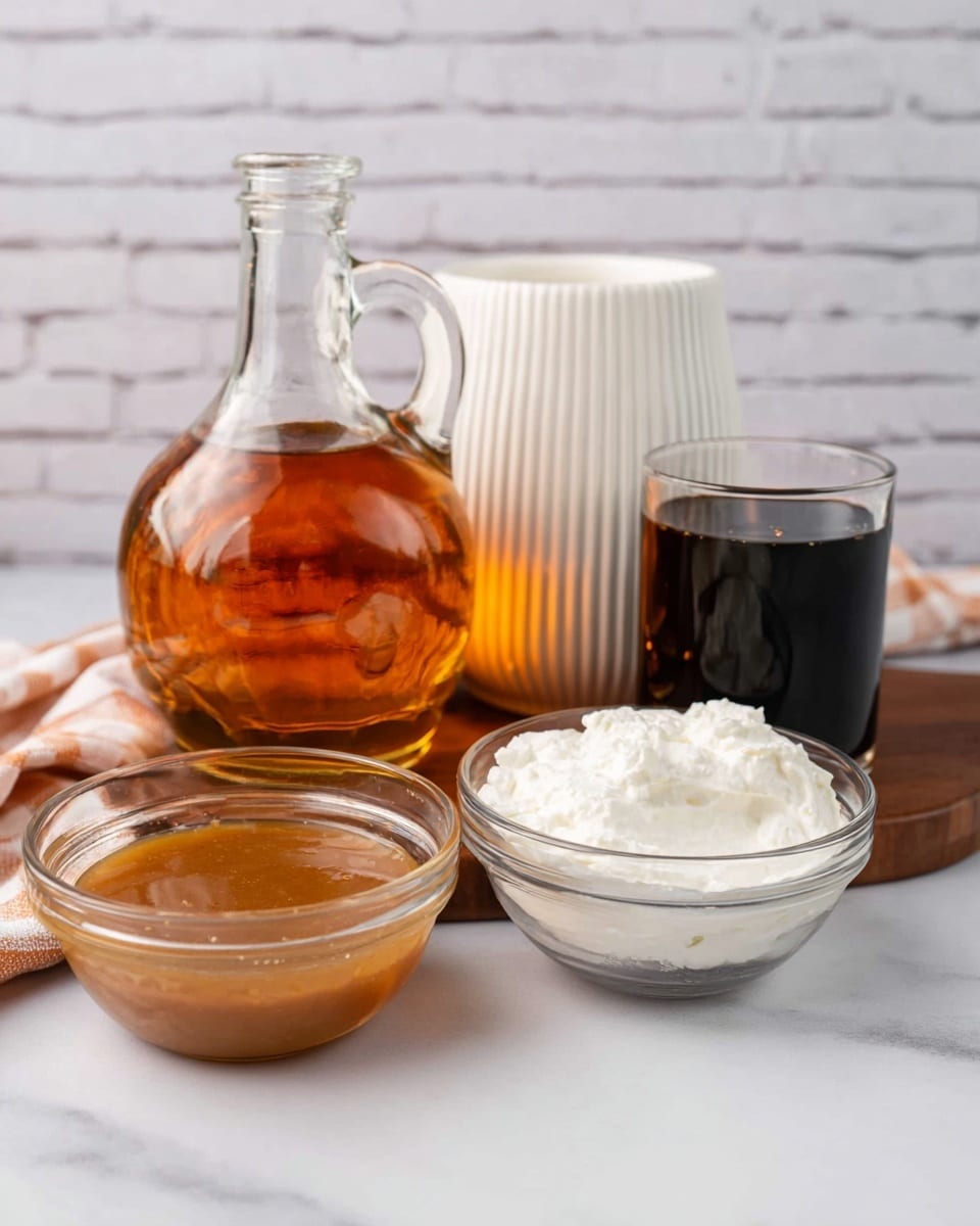 The image shows five ingredients arranged on a white marbled surface with a light brick wall background. On the left front, there is a small round clear glass bowl filled with a thick, light brown liquid. To its right, another clear glass bowl holds white, creamy substance with a soft texture. Behind these bowls, to the far left, a clear glass bottle with a handle is filled with amber-colored liquid and has a reflective surface. In the middle background, a white ceramic container with a ribbed texture and an open top sits. On the right, a clear glass holds a dark brown or black liquid, filling most of the glass. All elements are arranged neatly on a wooden board beneath the ceramic container, creating a clean and simple composition. Photo taken with an iphone --ar 4:5 --v 7