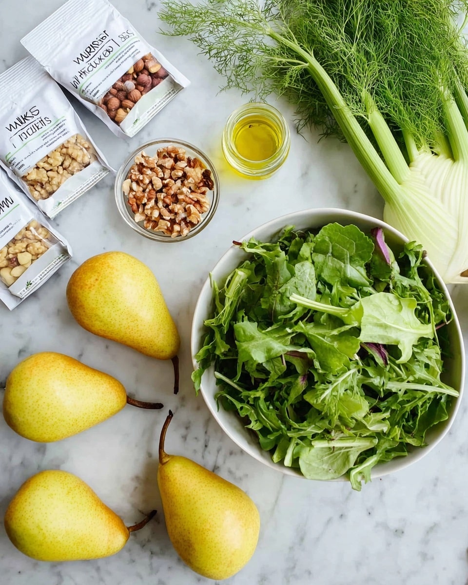 A white bowl filled with fresh green leafy salad sits on a white marbled surface. Around the bowl, there are five yellow pears with brown stems arranged casually. To the top left of the bowl, there are three white packets labeled walnuts, hazelnuts, and chips, each containing nuts in chopped form. Next to the packets, a small clear glass bottle holds light yellow oil. At the top right corner, a single fennel bulb with green feathery leaves extends diagonally into the frame. The overall setting is simple and fresh, with a natural light highlighting the colors and textures. photo taken with an iphone --ar 4:5 --v 7