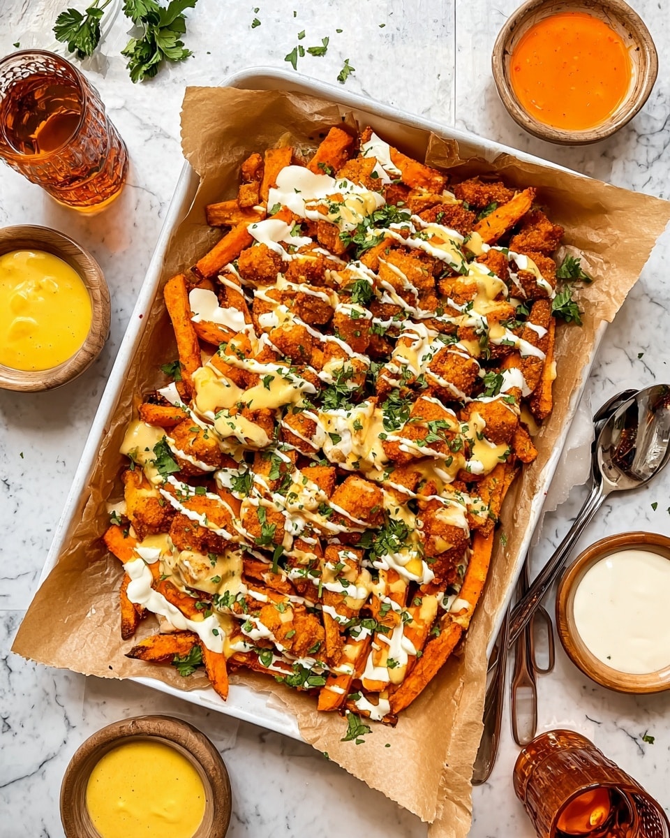 A white tray lined with brown parchment paper holds a dish with three main layers: the base layer is thick-cut, golden sweet potato fries with a rough texture; on top, there are crispy, small, uneven golden brown chicken pieces scattered evenly; the dish is covered with three sauces drizzled over it—one smooth light yellow cheese sauce, one creamy white ranch-like sauce, and one orange spicy sauce, all spread in diagonal lines. There are a few green parsley leaves and chopped herbs sprinkled for color. A fork and a spoon rest on the right side of the tray. Around the tray, on a white marbled surface, there are bowls of yellow sauce, white sauce, and orange sauce, along with some parsley leaves and an amber-colored drink. photo taken with an iphone --ar 4:5 --v 7