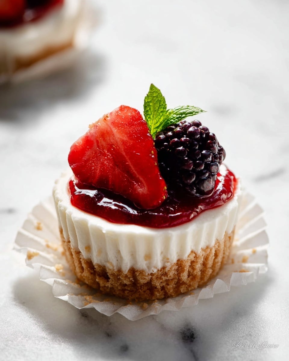 The image shows a small dessert with three visible layers. The bottom layer is a light brown crumbly crust in a white paper liner. Above that is a thick, smooth white cream layer spread evenly. On top, there is a shiny red strawberry sauce with a whole bright red strawberry slice and a dark purple blackberry. A small green mint leaf is placed between the fruits, adding a fresh touch. The dessert sits on a white marbled surface with soft lighting highlighting the textures. photo taken with an iphone --ar 4:5 --v 7