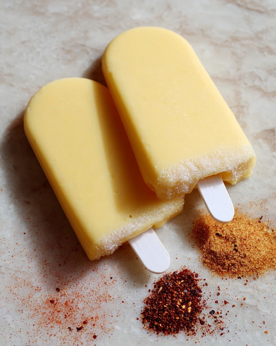 Two pale yellow frozen popsicles lie next to each other on a white marbled surface. Each popsicle has a smooth texture with rounded edges and a white plastic stick at the top. The bottom edges of the popsicles show some frost crystals. Below them on the surface are two small piles of spices, one reddish and the other dark brown. Photo taken with an iphone --ar 4:5 --v 7