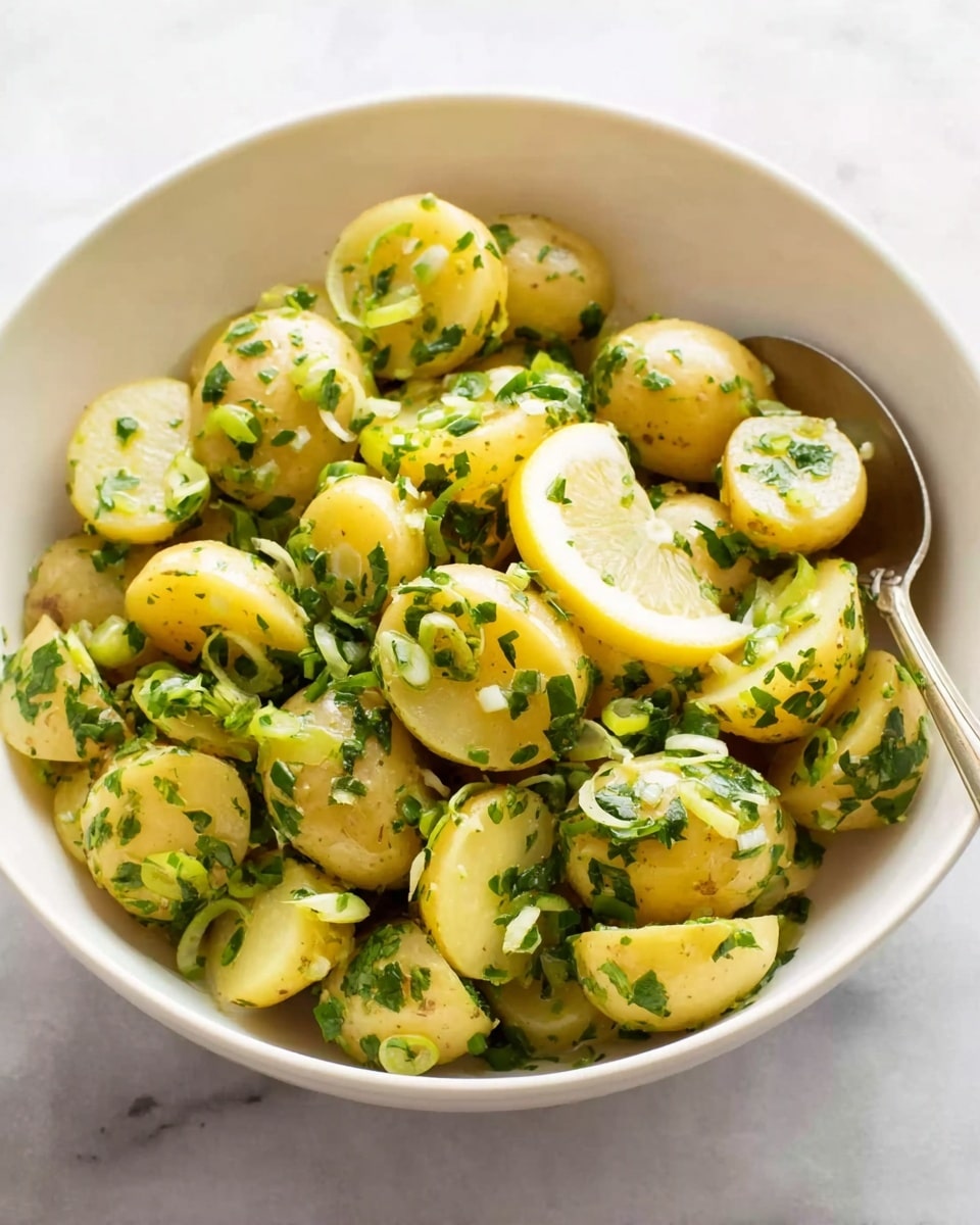 A white bowl is filled with small yellow potatoes cut in half, mixed with green chopped herbs and thinly sliced green onions. The potatoes have a shiny, slightly oily texture, showing they are dressed with a light sauce. Thin lemon slices are placed on top and inside the mix, adding a bright touch. A silver spoon rests inside the bowl, which sits on a white marbled surface. The lighting is soft, highlighting the fresh and vibrant colors of the dish. Photo taken with an iphone --ar 4:5 --v 7