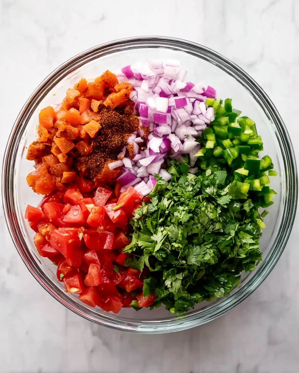A clear glass bowl sits on a white marbled surface, filled with five different chopped ingredients arranged in separate sections. Starting from the top left, small orange tomato pieces are mixed with dark brown spices, next to finely chopped purple onions with white centers, followed by small chunks of bright green pepper on the top right. Below, there is a large pile of fresh green cilantro leaves, and finally, vibrant red diced tomatoes covering the bottom half of the bowl. The colors are vivid, and the textures range from leafy to juicy and crunchy. photo taken with an iphone --ar 4:5 --v 7