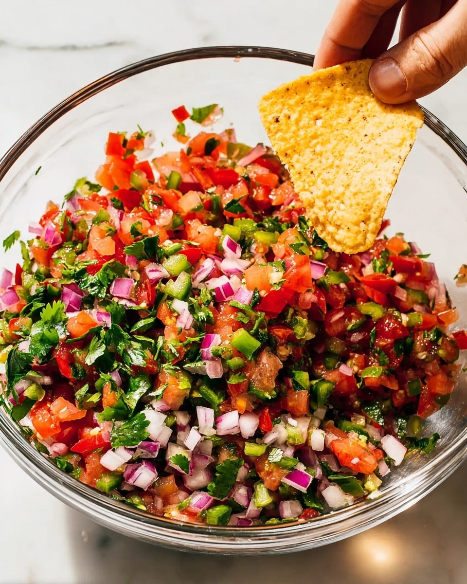 A clear large bowl filled with chopped salsa that has three layers: the bottom layer is finely diced green jalapeños, white onions, and cilantro, the middle layer is chopped red tomatoes and red onions mixed in, and the top layer is scattered leafy green cilantro pieces and some red and green vegetables. A woman's hand is holding a yellow tortilla chip dipped into the salsa from the top right corner. The bowl is placed on a white marbled surface with bright lighting. photo taken with an iphone --ar 4:5 --v 7