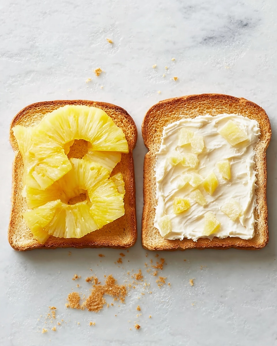 Two slices of toasted white bread lie flat on a white marbled surface. The left slice is topped with several bright yellow pineapple rings and small broken pineapple pieces, evenly spread to cover the bread fully. The right slice is coated with a light layer of creamy white spread, covering the entire surface smoothly. There are some bread crumbs scattered around the edges on the white marbled surface. photo taken with an iphone --ar 4:5 --v 7