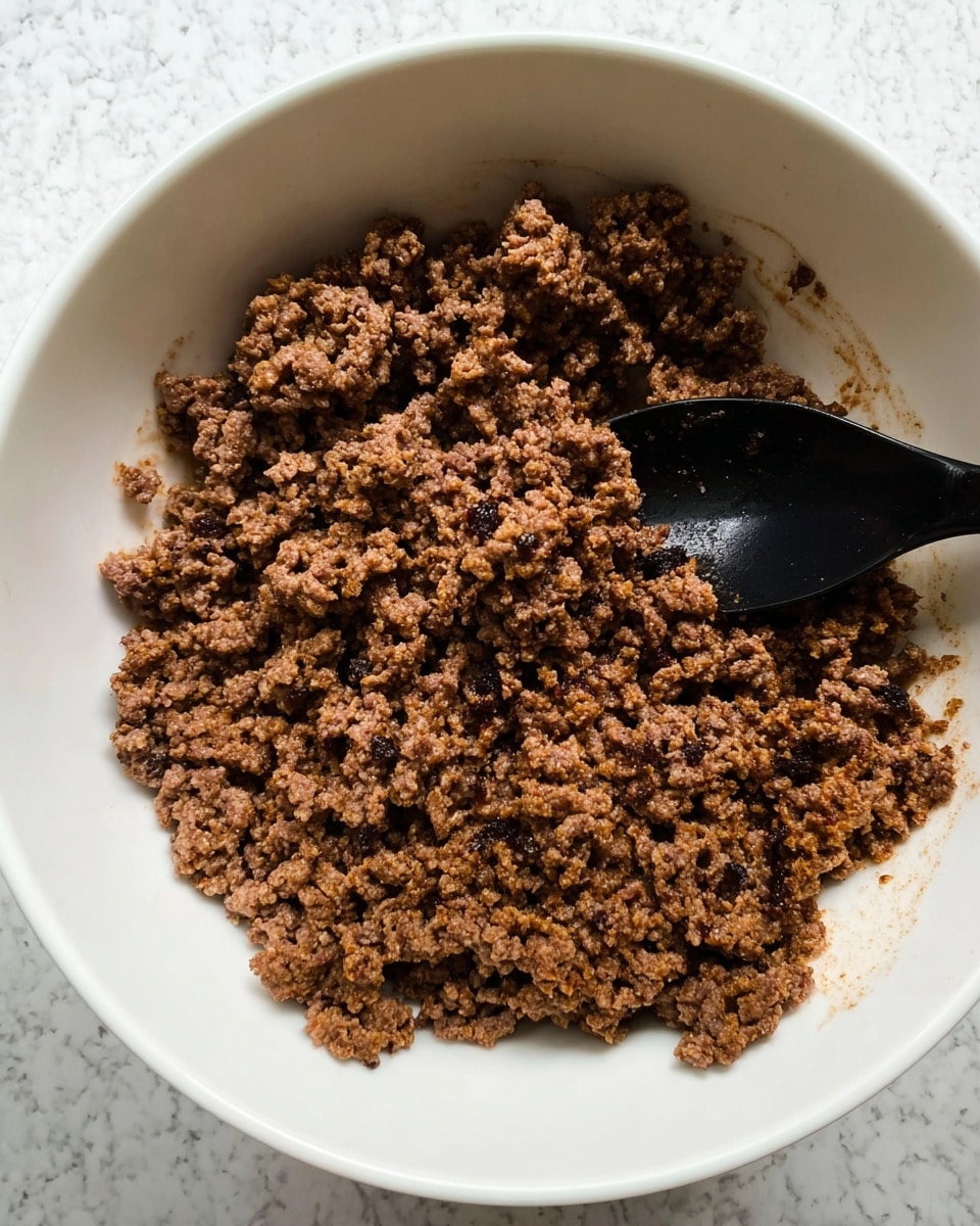 The image shows a close-up of cooked ground beef in a white bowl. The beef is brown with some darker and lighter spots, and it looks crumbly and cooked through. There is a black spoon placed on the right side inside the bowl, resting on the beef. The bowl is sitting on a white marbled surface. The photo is taken with an iphone --ar 4:5 --v 7