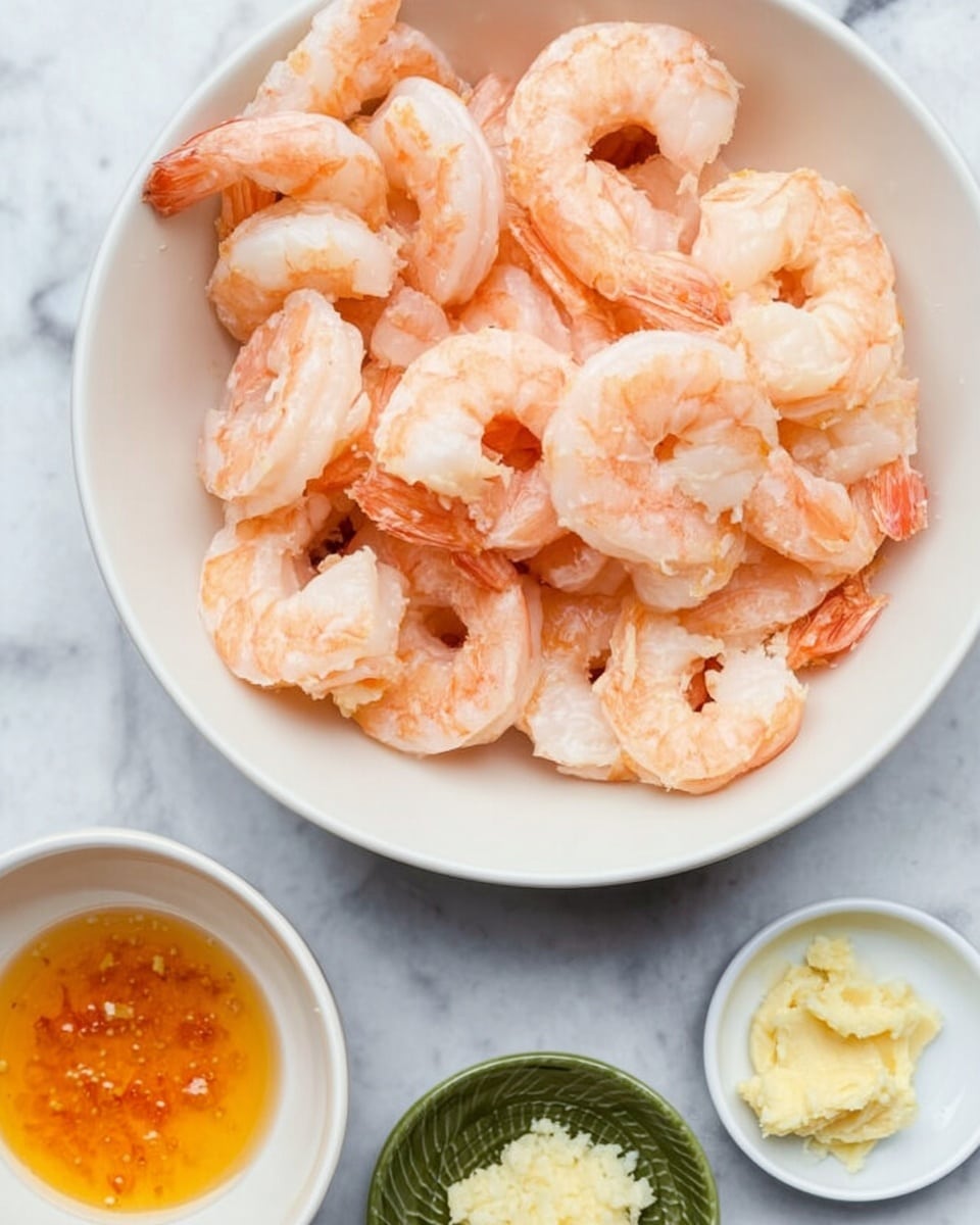 A white bowl filled with cooked shrimp that are light pink and slightly shiny, showing their curled shape and smooth texture. Around the bowl, placed on a white marbled surface, there are three small dishes: one white round bowl with orange liquid, one small white dish with finely chopped garlic in a small pile, and another small white dish with a pale yellow paste. The colors contrast well, with the shrimp’s soft pink against the white bowls and the green dishes below, all set on the shiny white marbled background. photo taken with an iphone --ar 4:5 --v 7