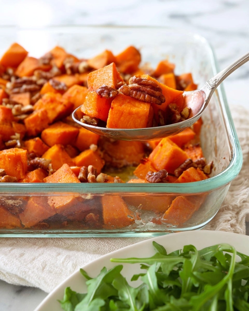 A close-up view of a glass baking dish filled with soft, orange cubed sweet potatoes mixed with small pieces of pecans. A silver spoon holds a few cubes of the cooked sweet potatoes above the dish, showing their shiny, slightly browned texture. In the lower part of the image, a white plate with green leafy arugula is partially visible. The scene is set on a white marbled surface with a white cloth underneath the baking dish. photo taken with an iphone --ar 4:5 --v 7