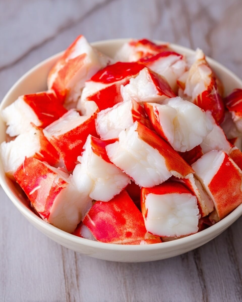 A close-up shot of a white bowl filled with many pieces of red and white crab sticks, each piece showing bright white flesh with vibrant red edges, creating a contrast of colors. The crab sticks have a smooth and slightly shiny texture and are piled up tightly inside the bowl. The bowl sits on a white marbled surface that adds a clean and light background to the image. Photo taken with an iphone --ar 4:5 --v 7