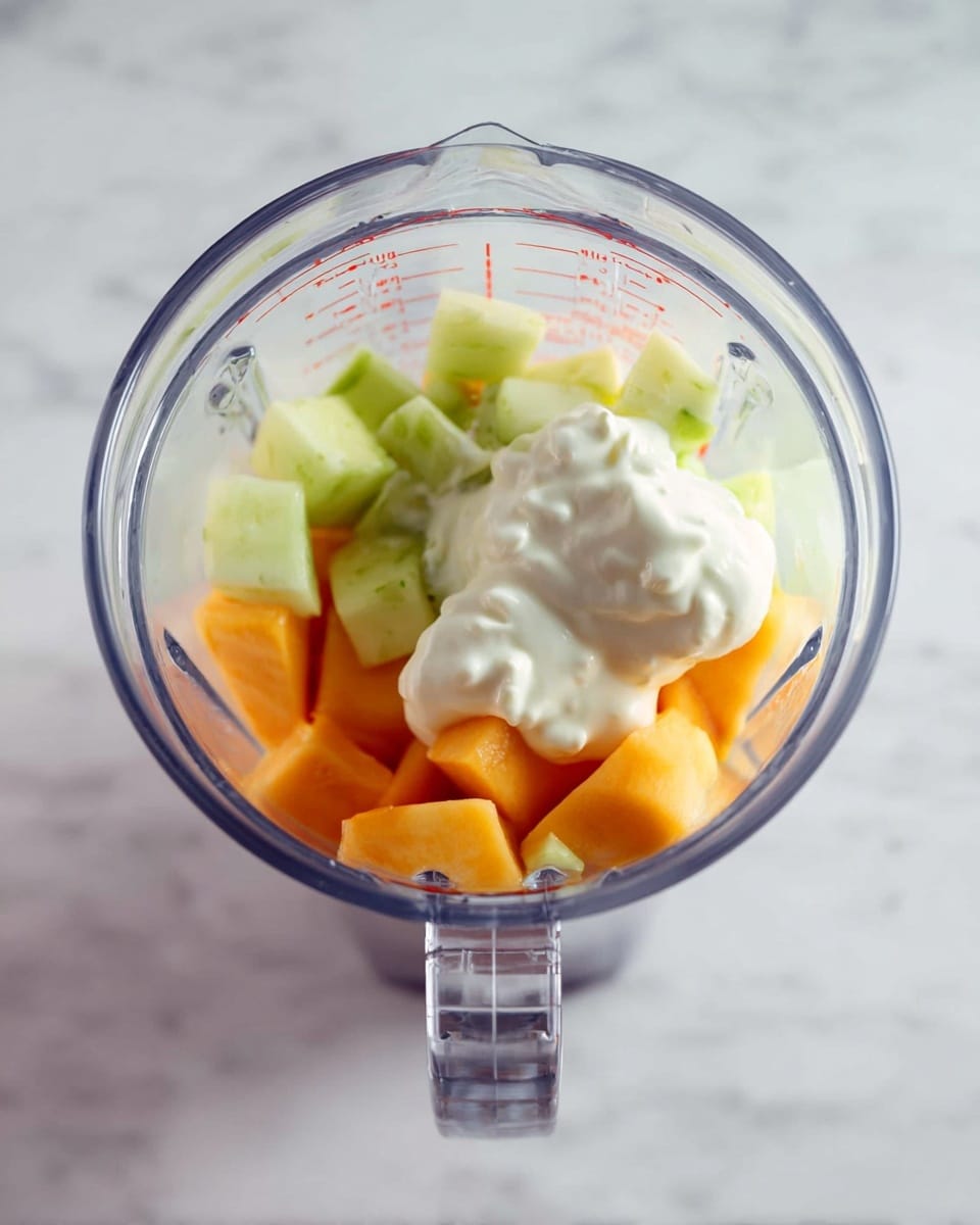A clear blender jar sits on a white marbled surface filled with three visible layers: the bottom layer is made of bright orange peach chunks, the middle layer consists of light green cucumber pieces, and the top layer is a dollop of creamy white yogurt with a few small splashes on the sides of the jar. The jar's handle is on the right side, and red measurement marks are faintly visible on the glass. photo taken with an iphone --ar 4:5 --v 7