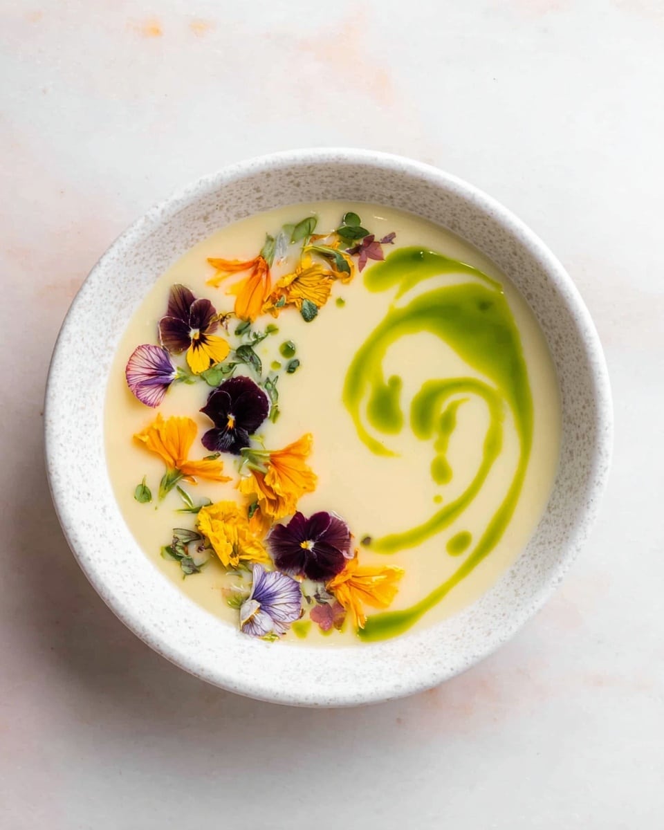 A white textured bowl holds a smooth, light cream soup with a swirl of green oil on the right side creating an artistic pattern. On the left side of the soup, there are small green and purple leaves scattered along with bright orange, yellow, and dark red edible flowers adding vibrant colors and texture. The bowl sits on a white marbled surface. photo taken with an iphone --ar 4:5 --v 7