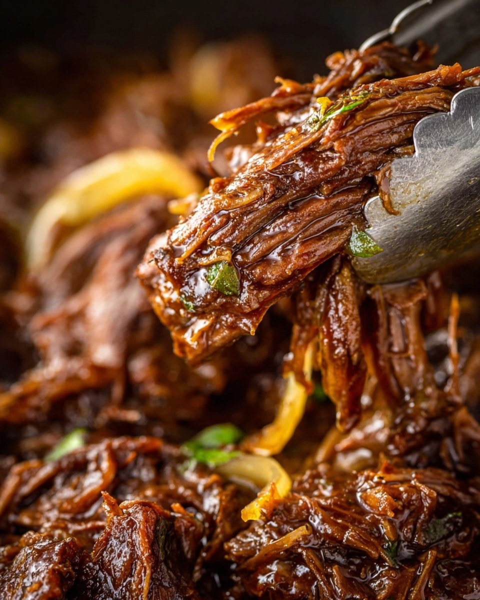 The image shows a close-up of shredded meat with a rich, glossy, dark brown color and a tender, fibrous texture. The meat is being held by metal tongs, which lift a portion covered in a shiny, saucy glaze. Visible within the meat are small bits of cooked herbs and thin slices of soft yellow onion, adding texture and color contrast to the dish. The background and surface have a blurred look with the same saucy meat texture, enhancing the focus on the lifted portion. photo taken with an iphone --ar 4:5 --v 7