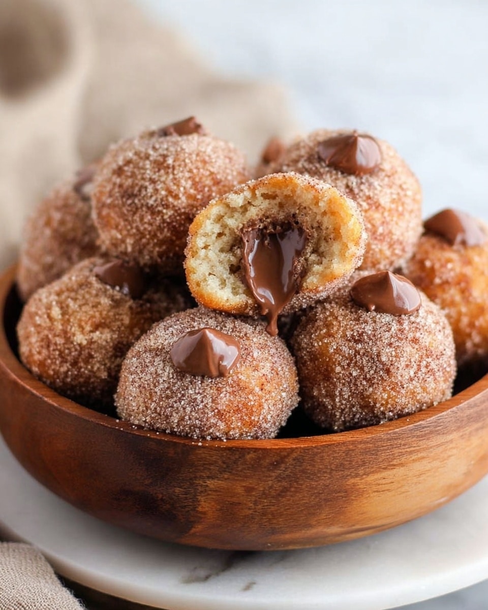 A wooden bowl filled with several small round doughnut balls covered in a light brown sugar and cinnamon coating. The doughnut balls have a textured surface from the sugar coating. One doughnut ball is broken open and held above the others, revealing a creamy, melted dark chocolate filling inside. Some doughnut balls in the bowl also have small dollops of the same melted chocolate on top. The bowl sits on a white plate with a white marbled surface in the background, creating a soft, clean setting. Photo taken with an iphone --ar 4:5 --v 7