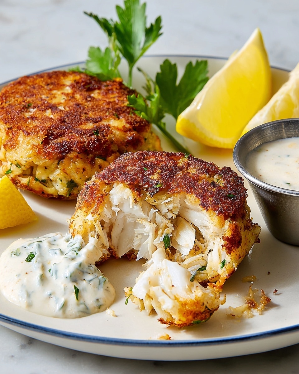 A close-up view of two crispy, golden-brown crab cakes on a white plate with a thin blue rim. One crab cake is broken open to show the white, flaky crab meat inside mixed with green herbs. There is a dollop of creamy white sauce with visible small green bits spread partially on the broken crab cake. Two bright yellow lemon wedges and a sprig of fresh green parsley rest behind the crab cakes. A small silver cup filled with more creamy sauce is placed on the right side of the plate. The plate sits on a white marbled textured surface. Photo taken with an iphone --ar 4:5 --v 7