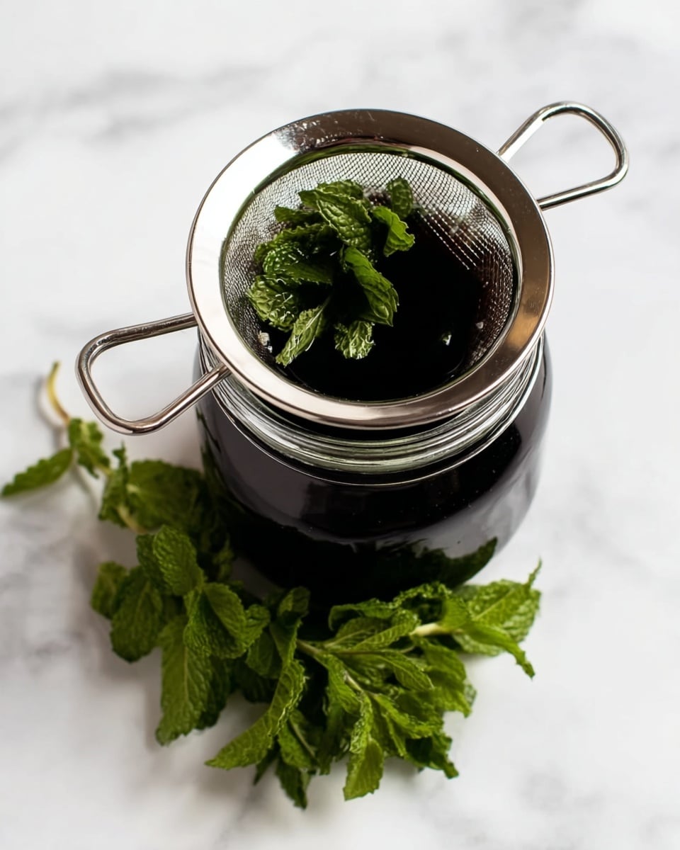 A clear glass jar filled with dark, almost black liquid, sitting on a white marbled surface, with a silver metal strainer placed on top holding fresh green mint leaves. Below the jar on the surface is a small bunch of vibrant green mint sprigs. The shiny metal strainer has two handles extending outwards, and the bright green leaves inside create a fresh contrast against the dark liquid and the smooth white marble background. Photo taken with an iphone --ar 4:5 --v 7