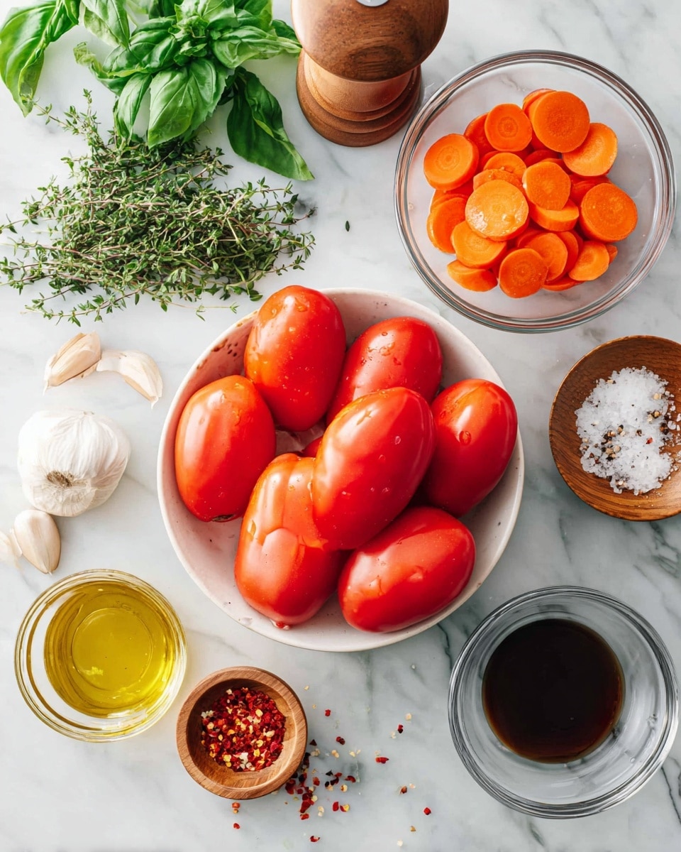 A white bowl is full of bright red Roma tomatoes with smooth skin, placed near the center right. Above the bowl, there is a small clear glass bowl filled with round, orange carrot slices. To the right of the clear bowl is another glass bowl with a dark brown liquid. There is a round wooden pepper grinder near the top right corner. Fresh light green basil leaves and sprigs of thyme are scattered on the left side of the white marbled surface, alongside several peeled garlic cloves. Two small wooden bowls with salt and red chili flakes sit near the bottom left, next to a glass jar filled with golden olive oil. Photo taken with an iphone --ar 4:5 --v 7