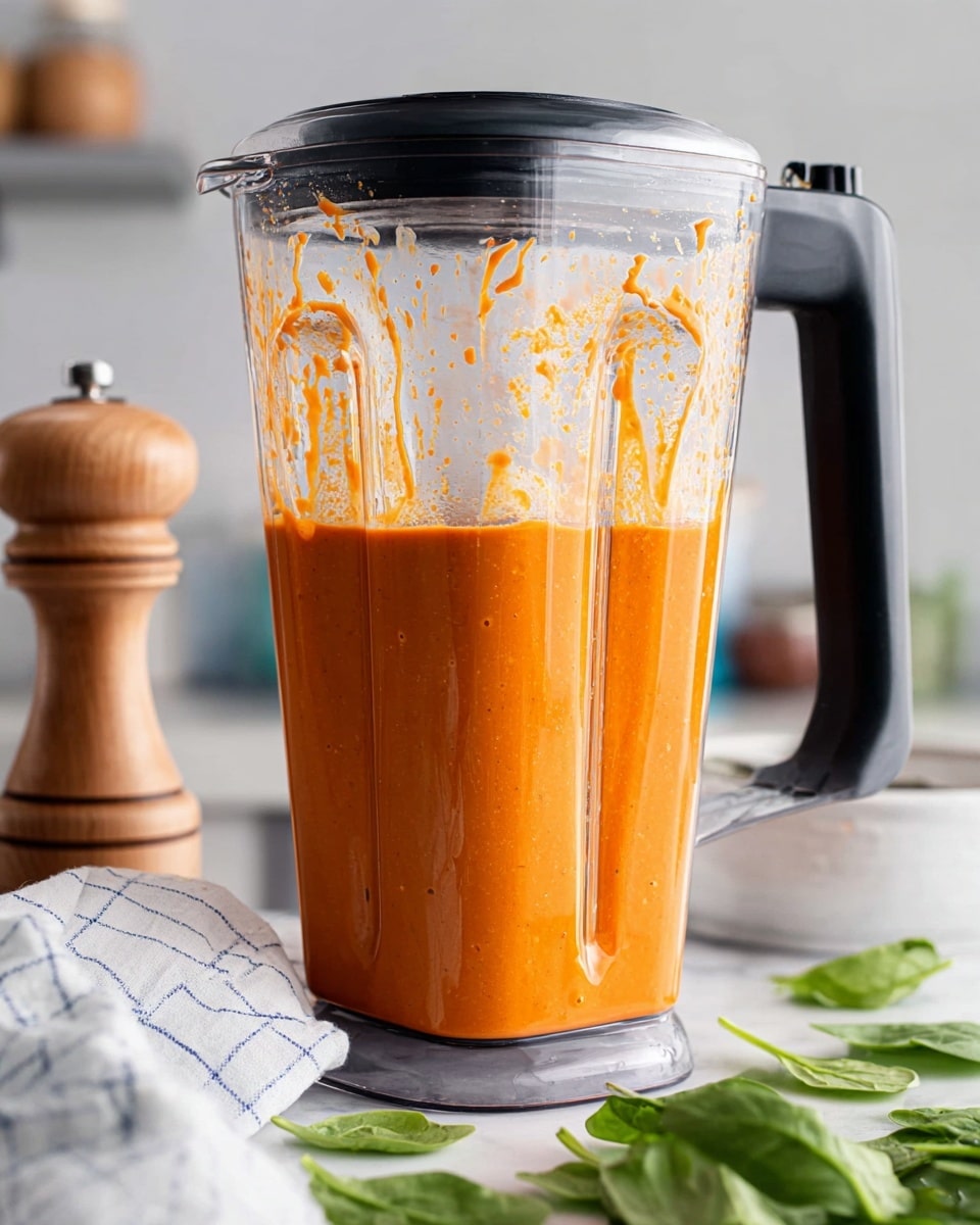 A clear blender with a black handle is filled halfway with bright orange thick sauce or soup that has some splashes on the upper inside of the blender. The blender is placed on a white marbled surface with green leafy spinach or basil leaves scattered in the front right area. To the left of the blender is a wooden pepper grinder and a white cloth with a blue checkered pattern. The background has a soft focus showing a neutral kitchen area photo taken with an iphone --ar 4:5 --v 7