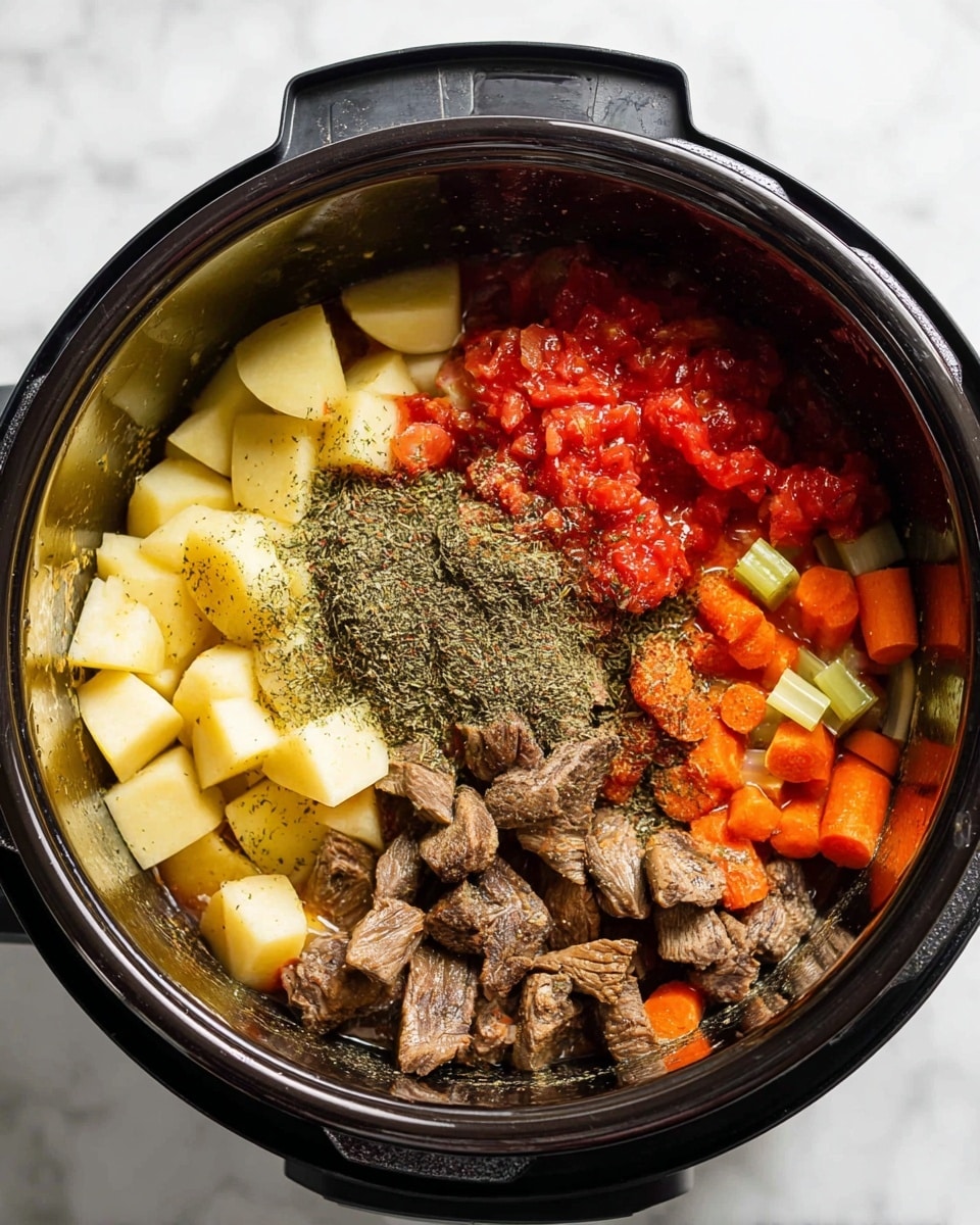 Inside a large black cooker pot, there are several layers of ingredients. On one side, light yellow diced potatoes sit at the top layer, next to bright orange carrot slices and light green celery pieces at the edge. Below the potatoes, there is a mix of red chopped tomatoes on the left side. In the center, dark green dried herbs cover a pile of brown cooked meat chunks on the right bottom side. The inside pot surface is shiny and wet, showing some broth at the bottom. The whole scene is set on a white marbled surface. Photo taken with an iphone --ar 4:5 --v 7
