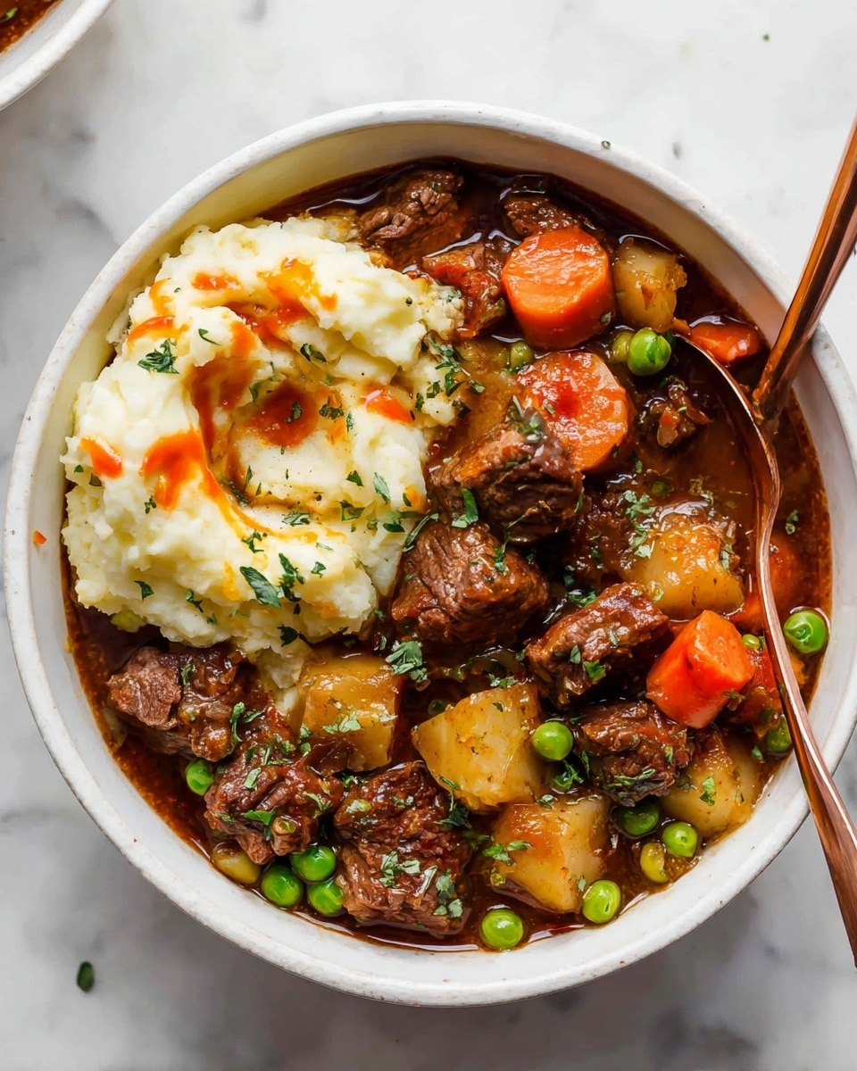 A white bowl filled with a rich stew containing multiple chunks of brown cooked meat, bright orange carrot slices, light yellow potato pieces, and green peas, all mixed in a dark, glossy broth with small green herb leaves sprinkled on top. On the left side of the bowl, there is a single scoop of light, fluffy mashed potatoes with some melted orange cheese drizzled over it. A copper spoon rests inside the bowl, angled toward the upper right. The bowl sits on a white marbled surface. photo taken with an iphone --ar 4:5 --v 7