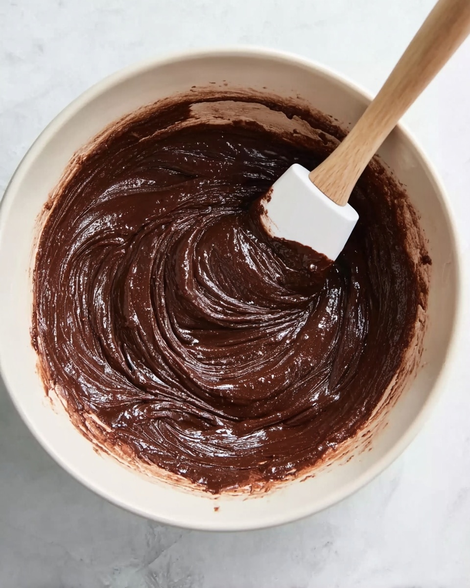 A close-up of a white bowl filled with thick, smooth dark brown chocolate batter being stirred with a white spatula that has a wooden handle. The batter shows swirled, creamy texture with some areas slightly shiny, gathered in the center and around the sides of the bowl. The bowl sits on a white marbled surface, and the scene is lightly lit to show the rich texture of the chocolate mix. photo taken with an iphone --ar 4:5 --v 7