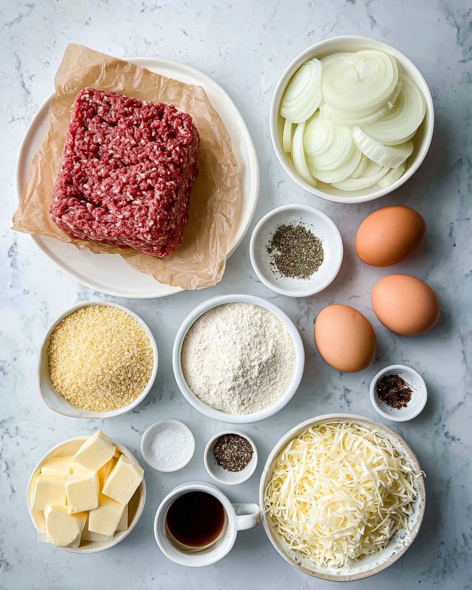 This image shows several cooking ingredients neatly placed on a white marbled surface. At the bottom left, there is a white plate with a large block of raw ground meat on brown paper. Above it, a white bowl holds sliced white onions. To the right of the onions, a small white bowl contains white flour. Below that, a small white dish has golden breadcrumbs. Next to the breadcrumbs is a small white bowl of dried herbs. On the right side, there are two brown eggs placed directly on the surface. Below the eggs, a white bowl is filled with shredded white cheese. Around these, three small white dishes hold dark pepper, coarse salt, and a dark liquid in a small white cup. A small white dish in the corner contains chunks of pale yellow butter. Everything is arranged cleanly and clearly on the white marbled background, photo taken with an iphone --ar 4:5 --v 7
