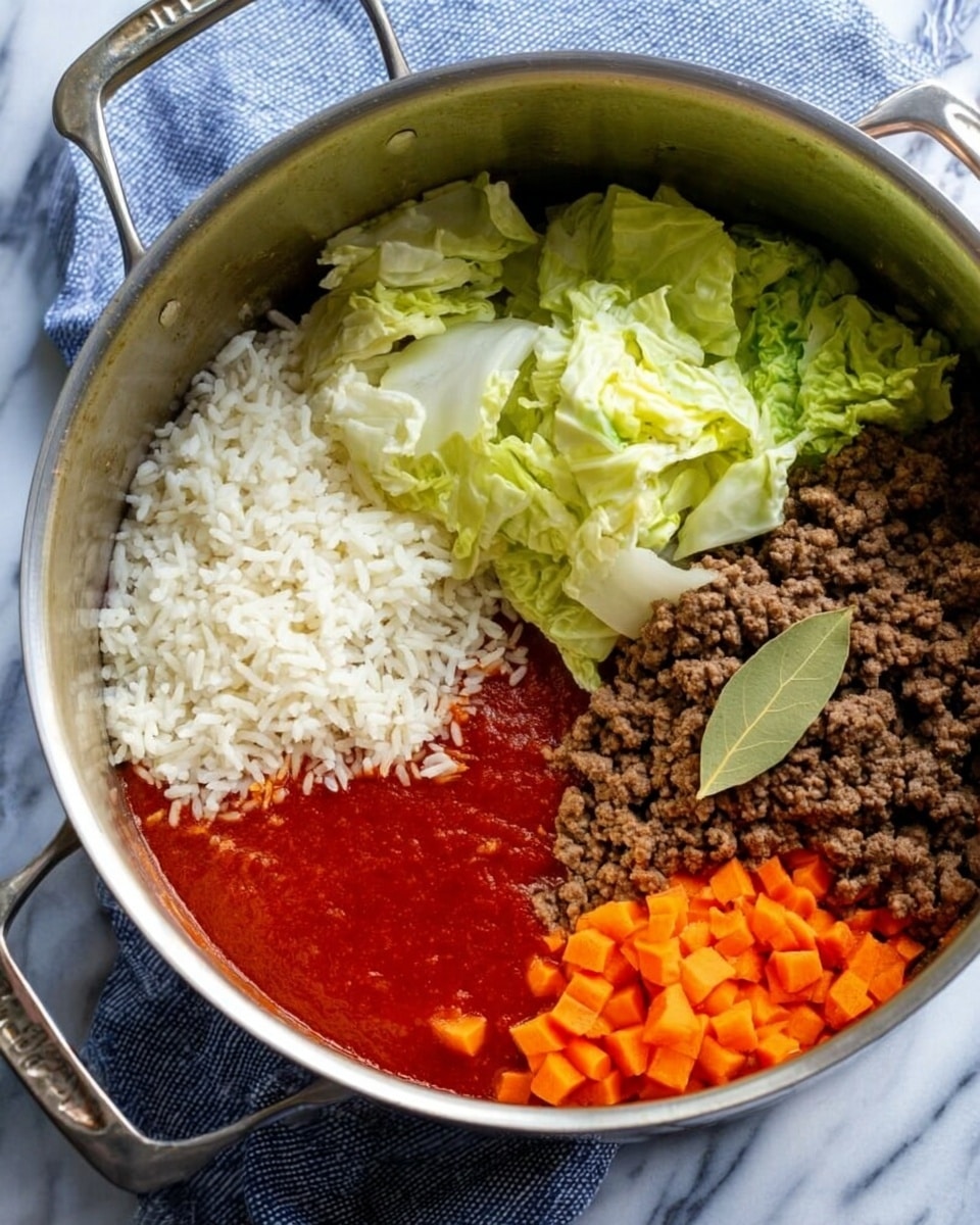 Inside a silver cooking pot, there are separate piles of ingredients. One side has white rice, fluffy in texture. Next to it, bright green pieces of cabbage are stacked loosely. There is also a rich red sauce with a smooth look, sitting beside cooked ground meat that is crumbly and brown. Bright orange chopped carrots add a pop of color near the bottom. A single green bay leaf rests on top of the meat and sauce. The pot is set on a white marbled surface with a blue and white cloth visible in the background. Photo taken with an iphone --ar 4:5 --v 7