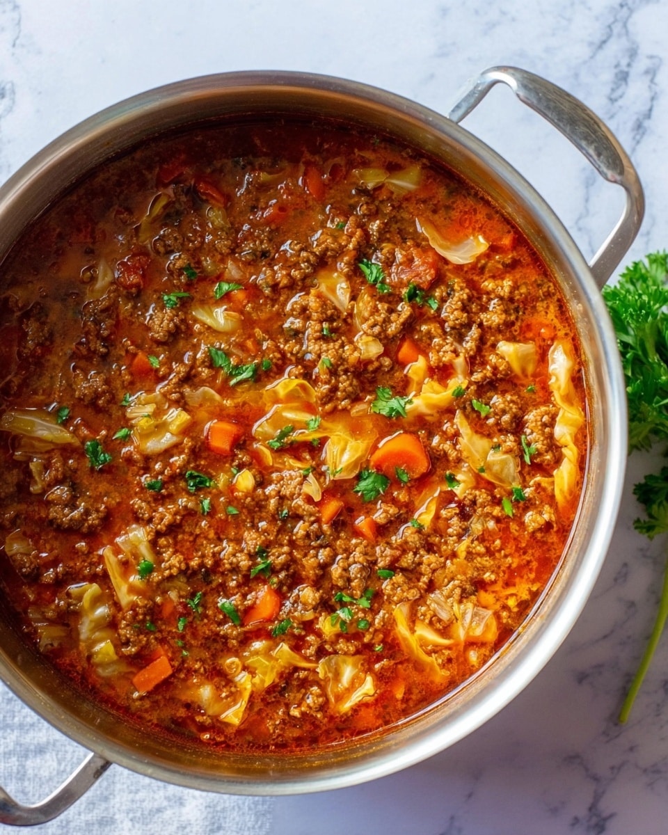 A white bowl filled with a rich, reddish-brown stew containing multiple layers of ingredients. The top layer has cooked ground meat mixed with small, soft pieces of light yellow cabbage. Beneath the meat and cabbage are chunks of bright orange carrots and hints of tomato pieces, all mixed in a thick, textured sauce. The bowl is placed on a white marbled surface with a bunch of fresh green herbs and thick slices of white bread blurred in the background. A silver spoon rests next to the bowl, and a woman's hand is gently reaching toward the bread. Photo taken with an iphone --ar 4:5 --v 7