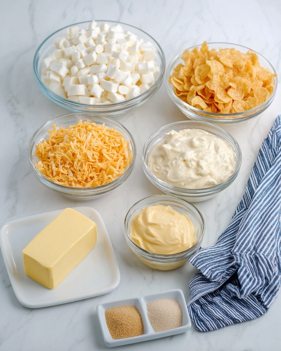 The image shows seven glass and white dishes with different ingredients arranged neatly on a white marbled surface. In the back row, there are two large glass bowls: one filled with small white cubes and the other with golden corn flakes. In the middle row, three smaller glass bowls hold shredded orange cheese, a creamy white mixture with texture, and a smooth yellow creamy mixture. In the front, there is a small white plate with a rectangular block of butter and a small white square dish containing two different light brown powders. A folded blue and white striped cloth is seen on the right side. Photo taken with an iphone --ar 4:5 --v 7