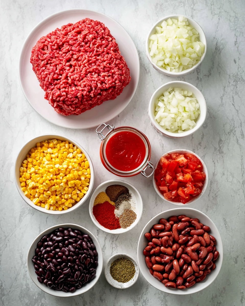 A flat white round plate holds a large block of raw bright red ground meat with a textured and soft appearance, placed near the top left of the image on a white marbled surface. Surrounding this are eight small white bowls arranged in a loose circle: finely chopped white onion with a slightly wet texture sits in a larger bowl to the right, and next to it is a bowl of diced red tomatoes in liquid with a juicy texture. Below is a small bowl of black beans showing a smooth, shiny surface, and next to that, a larger bowl filled with reddish-brown kidney beans that have a glossy, firm look. To the left, a bowl of bright yellow corn kernels appears moist and plump, just above a smaller bowl that holds a mix of dried spices including ground chili, garlic powder, salt, black pepper, and dried herbs in neat color sections. In the center is a small glass jar with bright red sauce that looks thick and smooth, capped with a metal clasp. At the very top right, a small bowl contains minced garlic of a pale creamy color and fine texture. All items sit on a clean white marbled background photo taken with an iphone --ar 4:5 --v 7