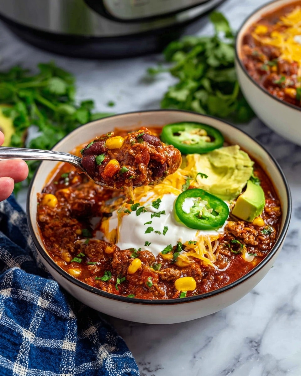 A white bowl with a dark rim is filled with thick chili containing beans, corn, and ground meat in a rich reddish-brown sauce. On top, there is a dollop of white sour cream with melted melted yellow cheese scattered around it. Bright green slices of jalapeño pepper and chunks of avocado rest on the sour cream. A spoon held by a woman's hand lifts some chili from the bowl showing the hearty texture. The bowl is placed on a white marbled surface with a blurred crockpot and another bowl of chili in the background. Fresh green herbs and a blue and white checkered cloth add color around the bowl. Photo taken with an iphone --ar 4:5 --v 7
