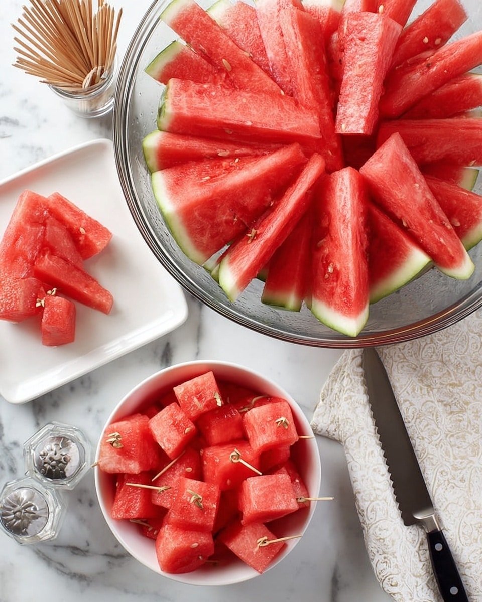 The image shows two bowls filled with watermelon. The larger bowl at the top is clear glass with long, thick slices of watermelon arranged closely together, showing the bright red flesh with green rind edges. The smaller white bowl at the bottom right holds many red watermelon cubes, each pierced with a small wooden toothpick, making them easy to pick up. The surface beneath the bowls is white marble. Around the bowls, there is a small white square plate with a few watermelon slices, a clear glass salt shaker, a cluster of wooden toothpicks standing upright, and a large knife with a black handle resting on a white cloth napkin. The photo is taken with an iphone --ar 4:5 --v 7