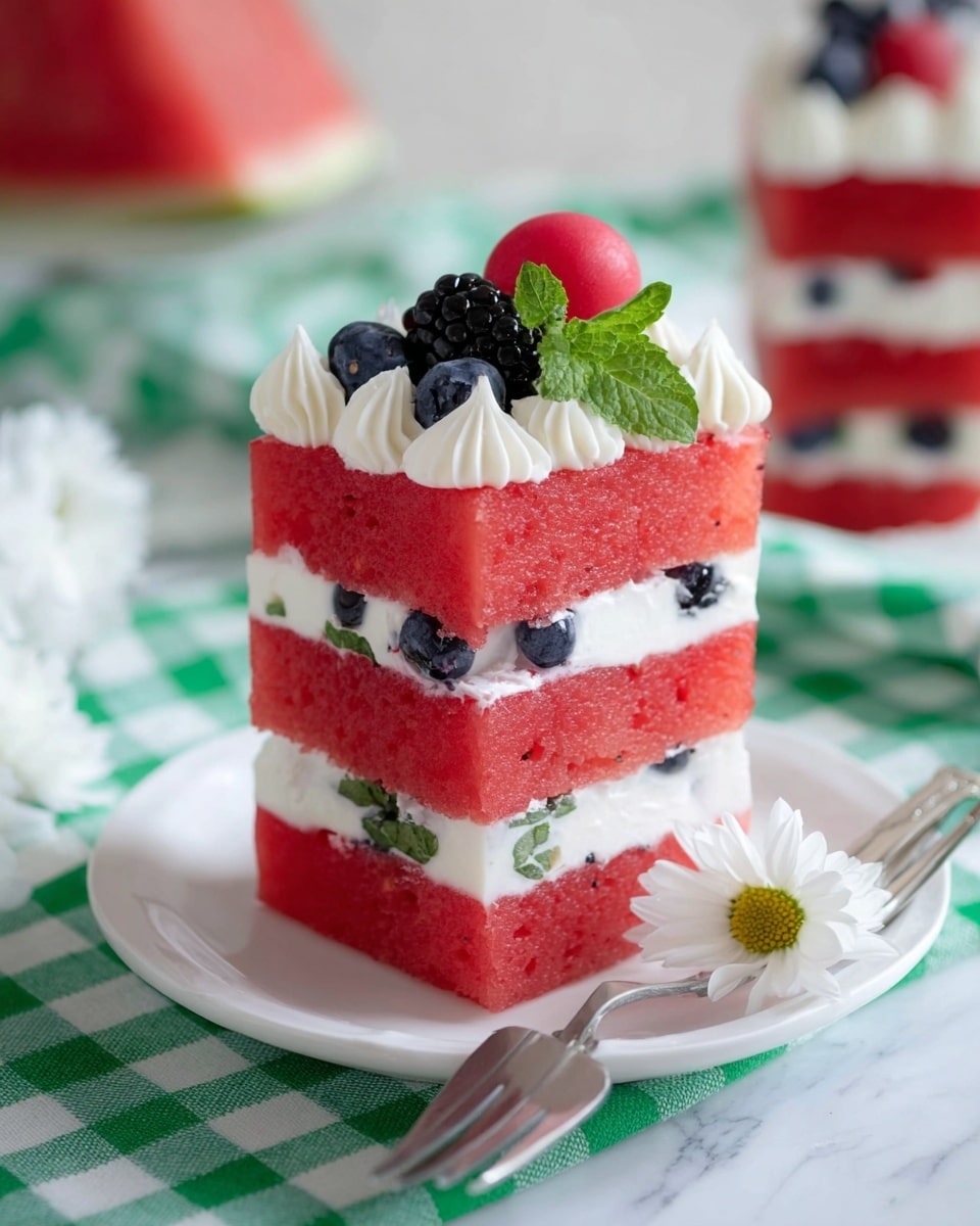 A three-layer stack of bright red watermelon cubes, each separated by a thick layer of white cream with visible blueberries inside. The top layer is decorated with piped white cream, a single round red watermelon ball, a blackberry, a couple of blueberries, and a small green mint leaf. The stack sits on a small white plate on a white marbled surface with a green checkered cloth and a silver fork nearby, with a white daisy flower placed beside the plate. Photo taken with an iphone --ar 4:5 --v 7