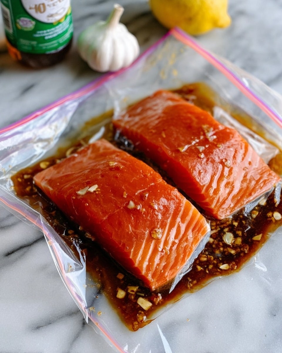 Two pieces of raw salmon with a bright orange color and visible lines of fat lie flat inside a clear plastic zip-top bag. The salmon is covered in a dark brown marinade with small bits of minced garlic floating around it. The bag rests slightly crinkled on a white marbled surface. In the background, there is a bulb of garlic, a lemon, and a plastic bottle with a green and white label blurred out. Photo taken with an iphone --ar 4:5 --v 7