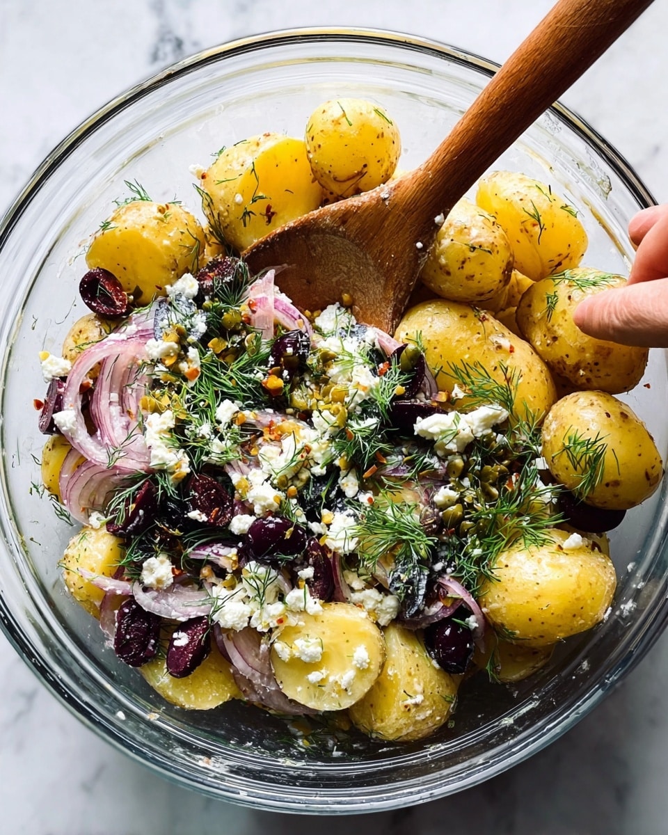 A clear glass bowl filled with a colorful potato salad sits on a white marbled surface. The salad has about four layers: whole small yellow potatoes halved, thin strands of purple onion, dark purple sliced olives, and crumbly white feta cheese scattered on top. There are also small green capers and bright green dill fronds spread evenly across the salad. A wooden spoon is placed in the bowl from the right side, partially stirring the ingredients, and a woman's hand is holding the spoon. The texture of the potatoes is smooth, the onions look fresh and slightly translucent, while the feta cheese appears crumbly and moist. photo taken with an iphone --ar 4:5 --v 7