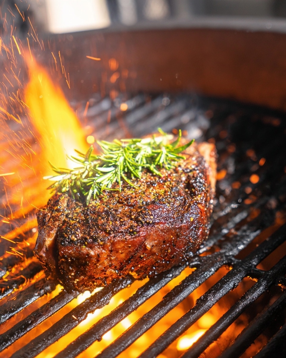 A large steak is sliced into eight pieces, showing a pink center and a dark, crisp outer layer, arranged in a row from top left to bottom right on a wooden cutting board. One end of the steak still connects to the bone, which is dark and textured. Two green sprigs of rosemary lay diagonally on the left side of the steak, adding a fresh contrast of color. A large knife with a wooden handle is placed on the right side of the cutting board, partially in view. The cutting board rests on a white marbled surface. Photo taken with an iphone --ar 4:5 --v 7